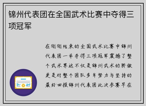 锦州代表团在全国武术比赛中夺得三项冠军